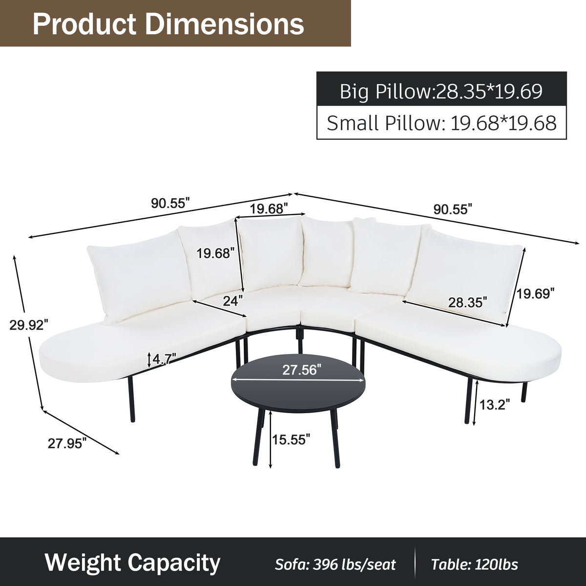 Patio Half- Moon Curved Outdoor Furniture Sofa Set with Coffee Table,