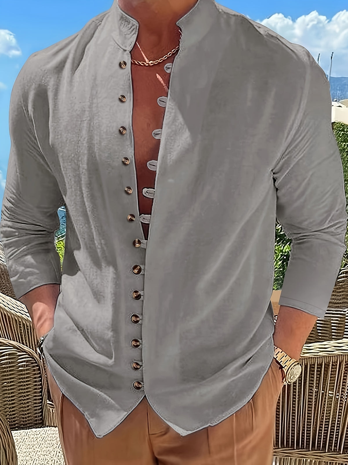 Retro Style Men's Casual Solid Long Sleeve Shirt, Men's Clothes For Spring Summer Autumn, Tops For Men