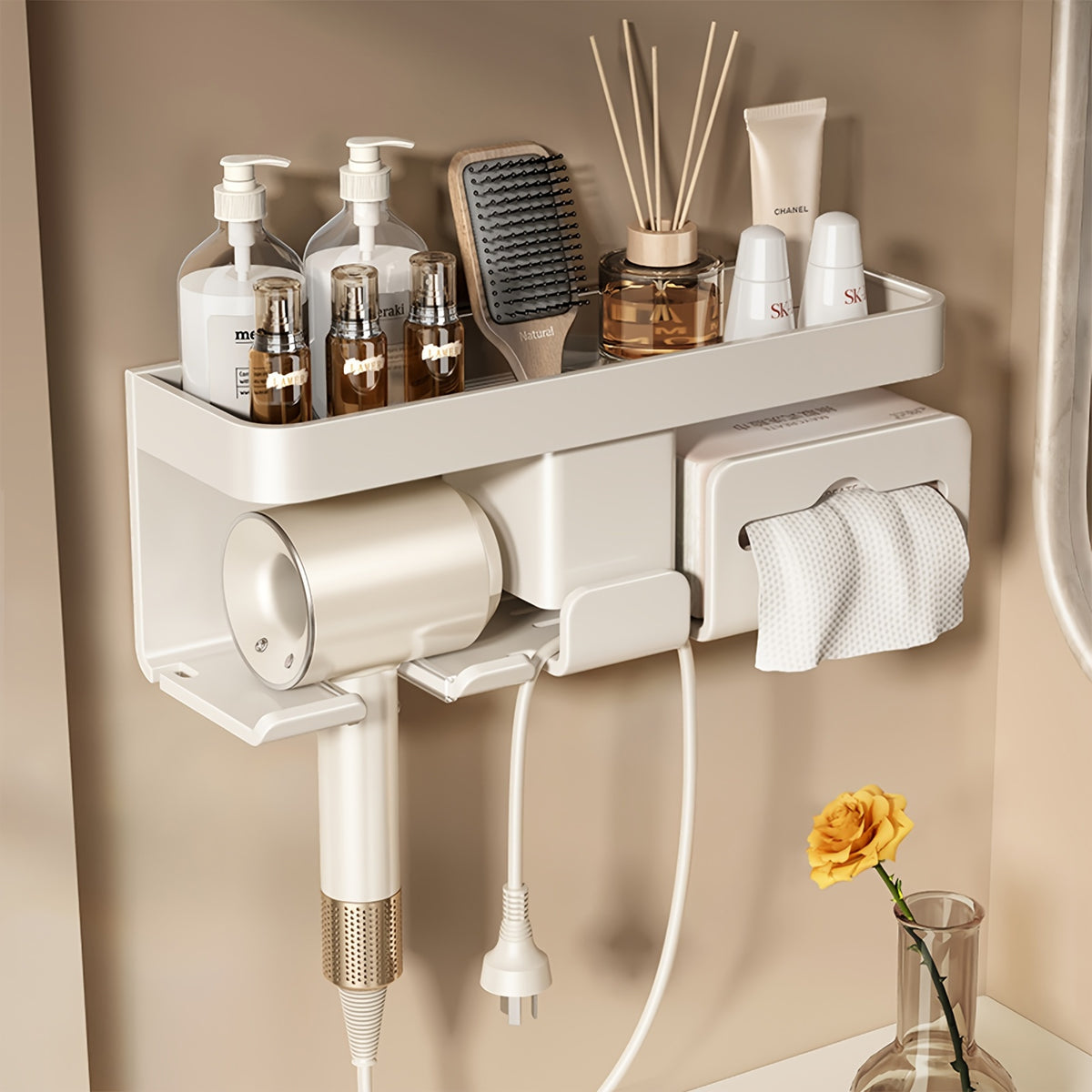 1pc Multifunctional Hair Dryer Holder with Storage Shelf, Wall-Mounted, Space Aluminum, No-Drill Installation, Art Theme, Cream White, for Bathroom Accessory