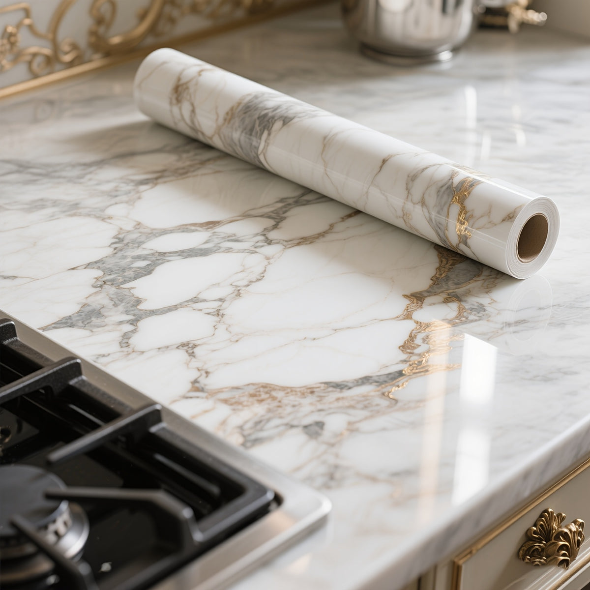 Marble Pattern Self-Adhesive Wallpaper Film - High Quality & Oil-Resistant Vinyl Peel & Stick, Easy to Clean with Realistic White & Grey Veining - DIY Kitchen Backsplash, Bathroom Walls, Cabinet Doors & Furniture Upgrade - Shapeable Stripes for Seamless