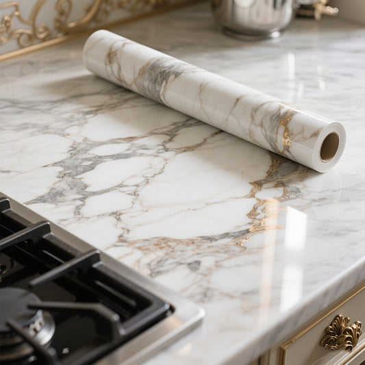 Marble Pattern Self-Adhesive Wallpaper Film - High Quality & Oil-Resistant Vinyl Peel & Stick, Easy to Clean with Realistic White & Grey Veining - DIY Kitchen Backsplash, Bathroom Walls, Cabinet Doors & Furniture Upgrade - Shapeable Stripes for Seamless
