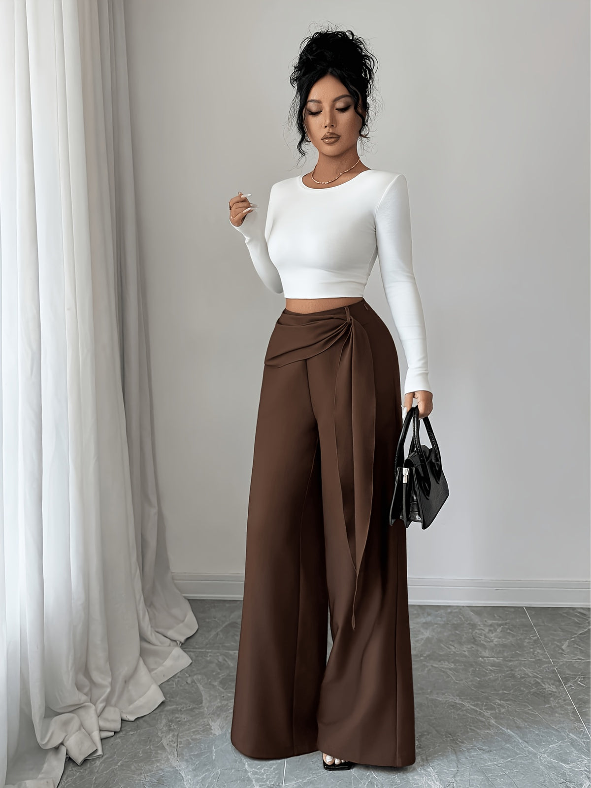New Women'S Twill Side Zipper Ribbon Style Wide-Leg Pants, Spring Summer Casual Loose Elegant Long Trousers