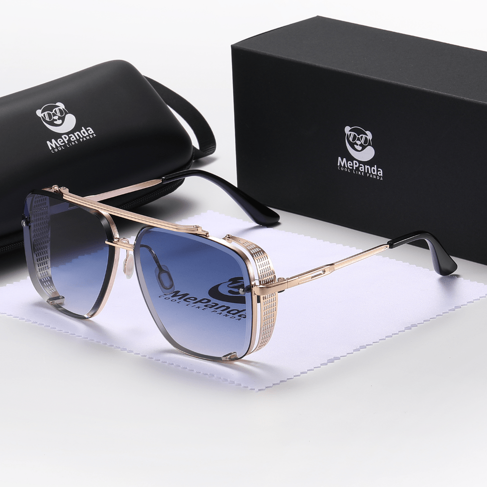 MePanda Vintage Square Metal Double Beam Fashion Glasses - Chic Retro Fashion with Golden-Tone Frame & Blue-Tinted Lenses, Stainless Steel, Includes Protective Case - Ideal for Casual Wear