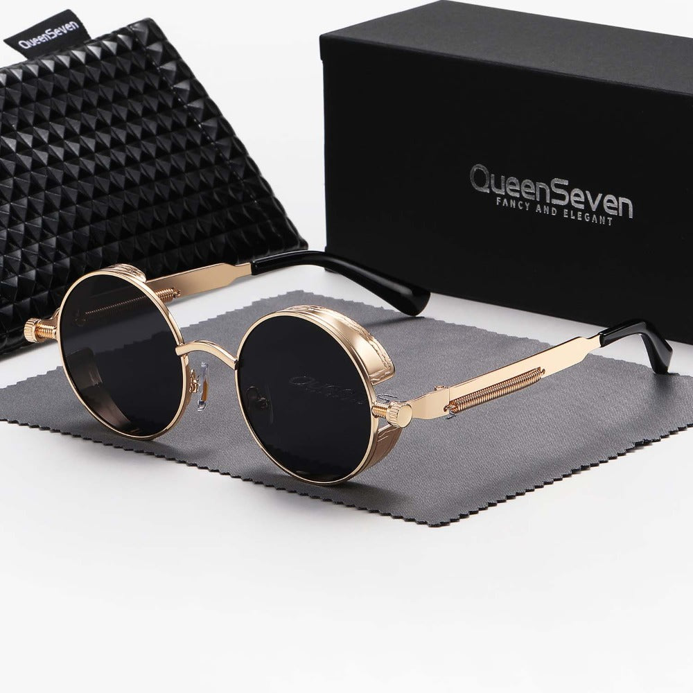 QueenSeven Retro Round Frame Polarized Fashion Glasses - Rose Golden Zinc Alloy, Black TAC Lenses, UV Protection, Stylish Punk Design for Driving & Outdoor Activities, Outdoor Eyewear | Elegant Accessories | Luxury Fashion Glasses