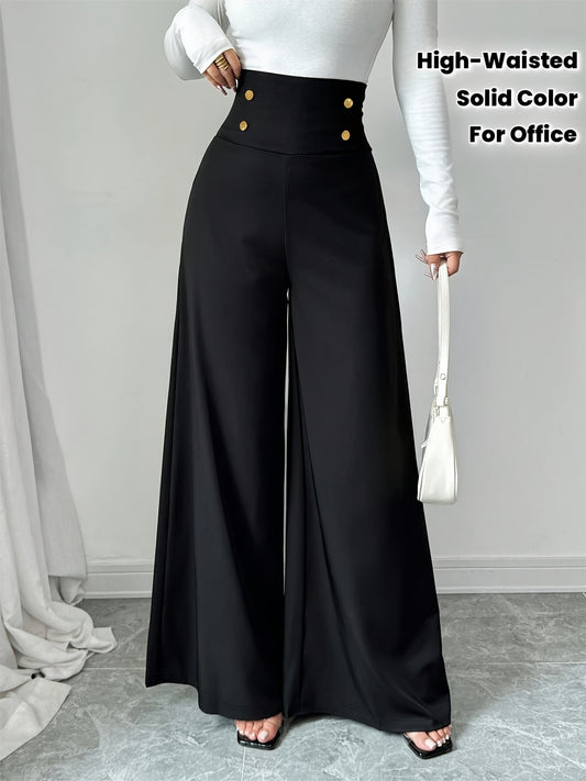 European and American Minimalist Elegant Solid Color High-Waisted Black Wide Leg Pants, Suitable for Work Office. Golden Decorative Buckle