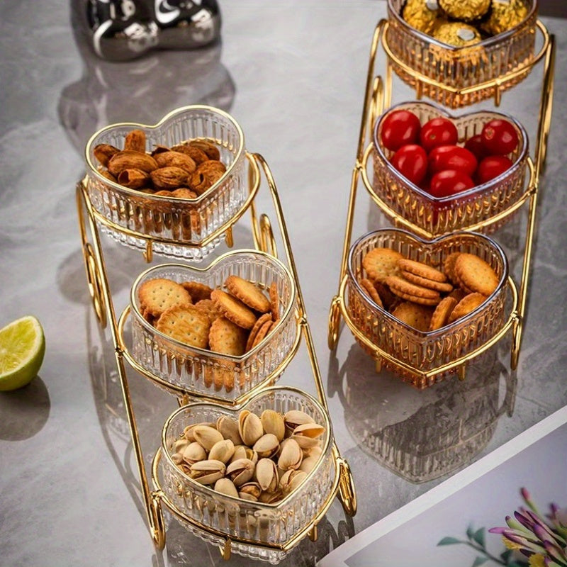 1set Multi-layers Fruit Stand With 3 Creative Heart Shaped Glass Fruit Plate, Cake Candy Dessert Stand, For Home Living Room Tea Table Party Wedding, Table Decorations, Serveware Accessories Eid Al-Adha Mubarak