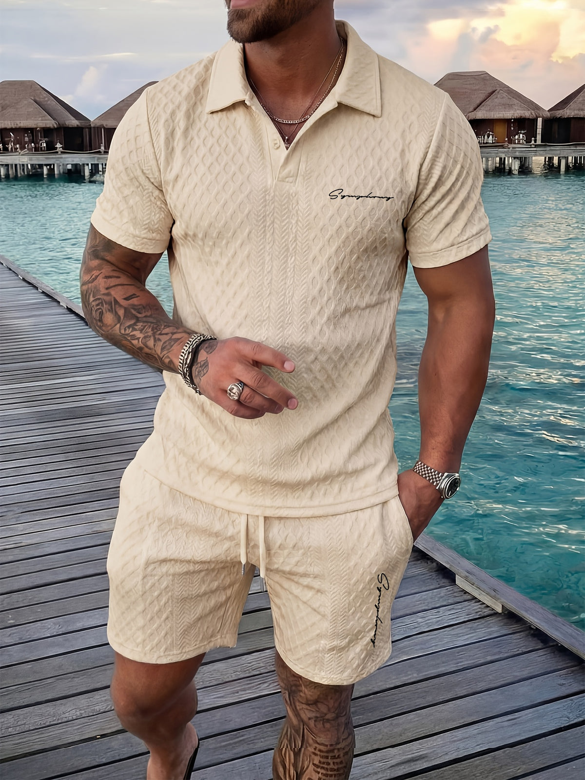 Casual Sporty Men's Short-sleeve Shirt and Shorts Set for Daily Outdoor and Commuting Wear