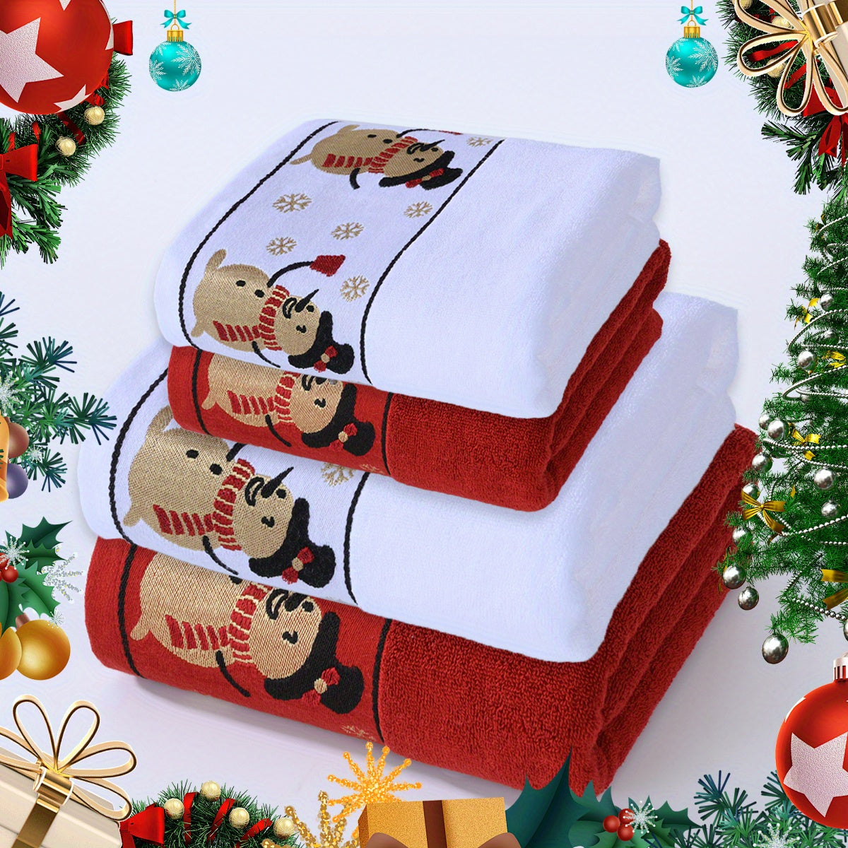 4pcs 2pcs 40*75cm + 2pcs 70*140cm Christmas Golden Embroidered Snowman 100% Cotton Red Towel Bath Towel Adult Couple Towel Bath Towel Christmas Gift Towel Bath Towel Universal Home Daily Use 100% Cotton Washcloth Bath Wrap Towel