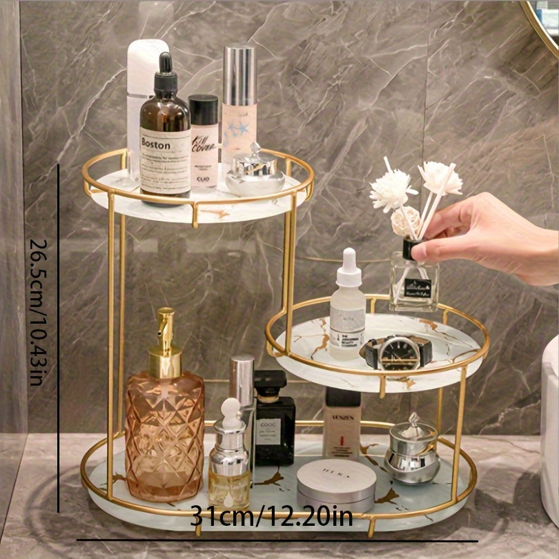 2-Tier Golden Stainless Steel Bathroom Countertop Organizer with Marble Shelf - Freestanding Cosmetic Storage Rack for Makeup, Skincare & Toiletries, 68.58cm Height, 3.2 Cu Ft Capacity, No Assembly Required, Modern Bathroom Organizer, Bathroom Organizers