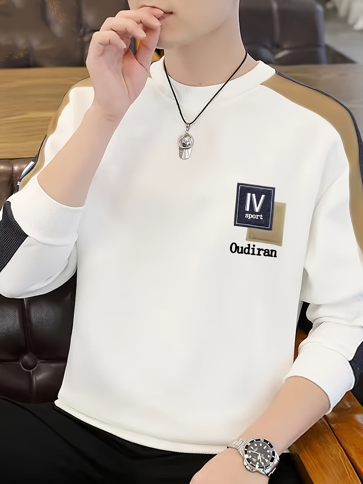 [Autumn Chic] Chic Color Block Crew Neck Sweatshirt - Casual Long Sleeve Pullover with Logo, Machine Washable, Polyester Blend for Spring & Autumn, Spring Autumn Apparel|Trendy Sweatshirt|Smooth Texture Fabric, Cute Sweatshirts