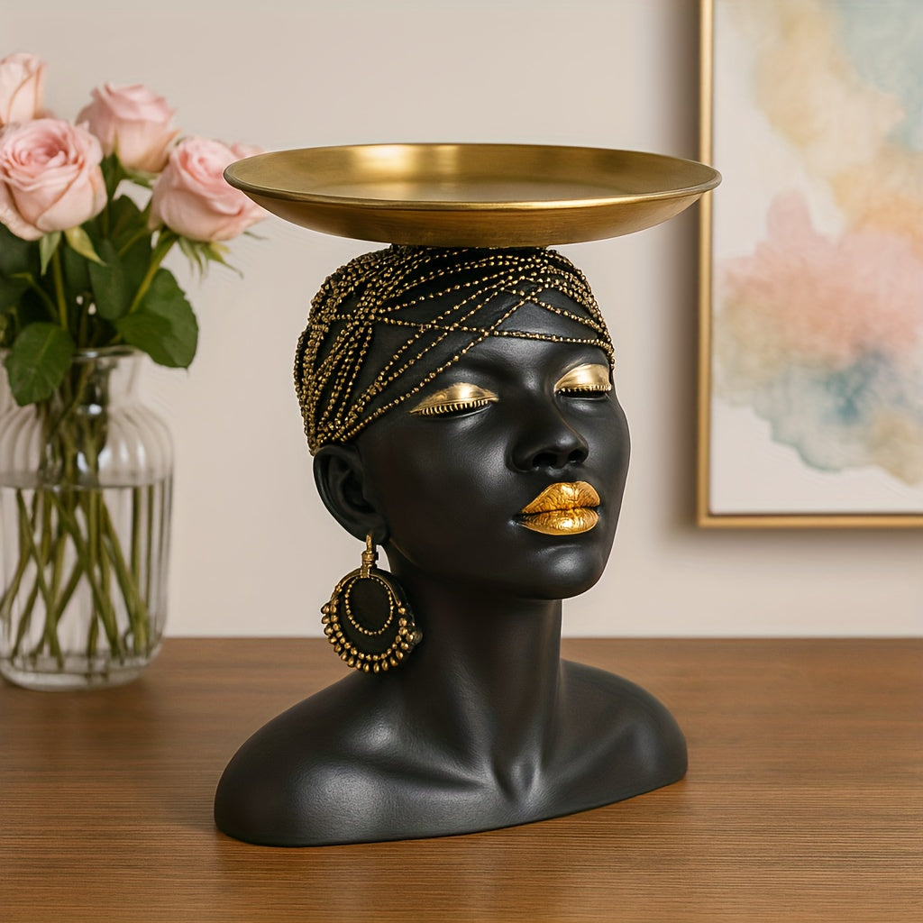 1pc Black & African-Inspired Resin Decorative Serving Tray - Glossy Painted Abstract Face Art Sculpture-Like Centerpiece, Elegant Home Decor, Tabletop Display for Parties, Weddings, Events - Durable Gift Bowl, Non-Food Contact