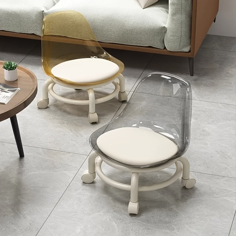 Modern Multifunctional Crystal Stool with 360° Rotating & Rolling Base - Crystal-Like Clear Plastic Seat, White/Pink Low-Profile Stool for Home & Office - Easy-Clean Durable Plastic Construction, Space-Saving Mobile Furniture