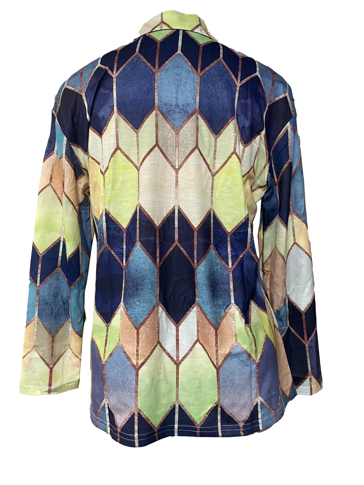 Colorful Geometric Zip-Up Long Sleeve Shirt - Stretchy & Comfortable Polyester Blend, Machine Washable - Casual Style for All Seasons