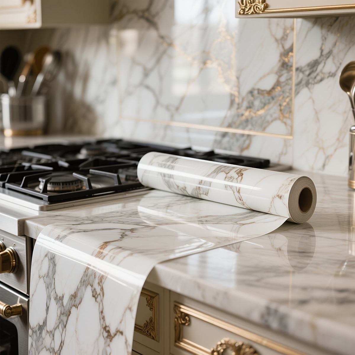 Marble Pattern Self-Adhesive Wallpaper Film - High Quality & Oil-Resistant Vinyl Peel & Stick, Easy to Clean with Realistic White & Grey Veining - DIY Kitchen Backsplash, Bathroom Walls, Cabinet Doors & Furniture Upgrade - Shapeable Stripes for Seamless