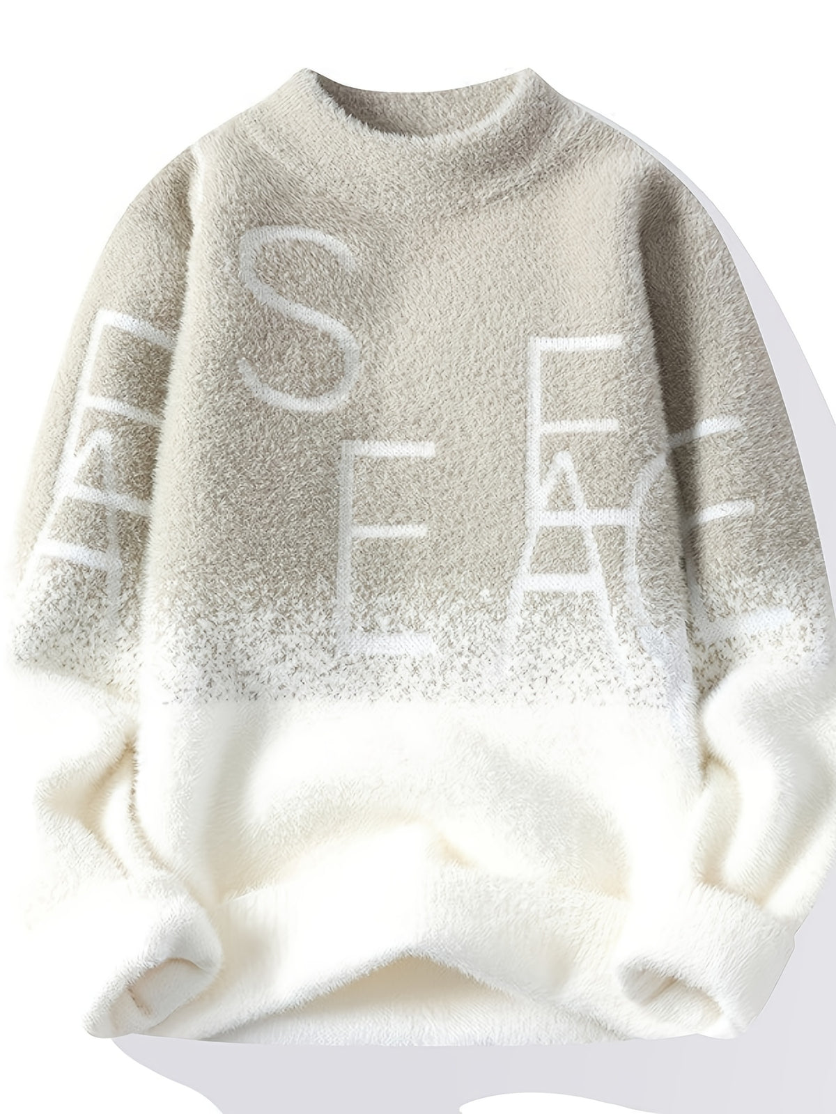 1pc Men's Heavy-Duty Winter Knit Sweater - Soft Warm Grey/Beige/ Color Block with SEA Letter Print, Round Neck Long Sleeve Casual Pullover, Machine Washable Cozy Sweaters for & Young Men (Fall & Winter Layering)