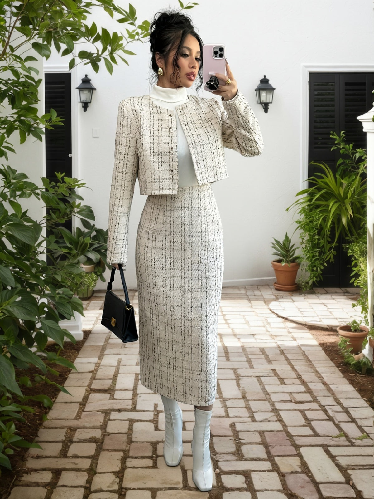 Women'S Autumn Winter Premium Chic Style Suit Vintage Skirt And Jacket Two-Piece Set