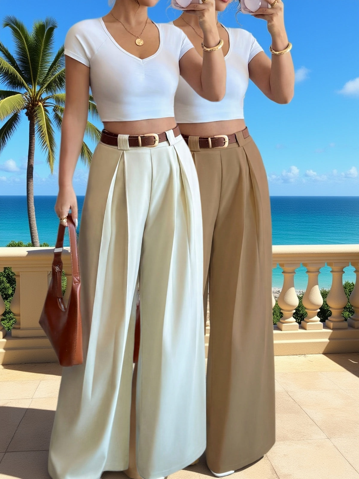 Women'S 2Pcss High-Waist Solid-Color Trousers Set, Elegant Style, Suitable for Daily And Work Occasions, Graduation Ceremony, Retro Music Festival, Horse Racing Competition, Independence Day Celebration, Spring, Summer, Autumn Wear. 2Pcss