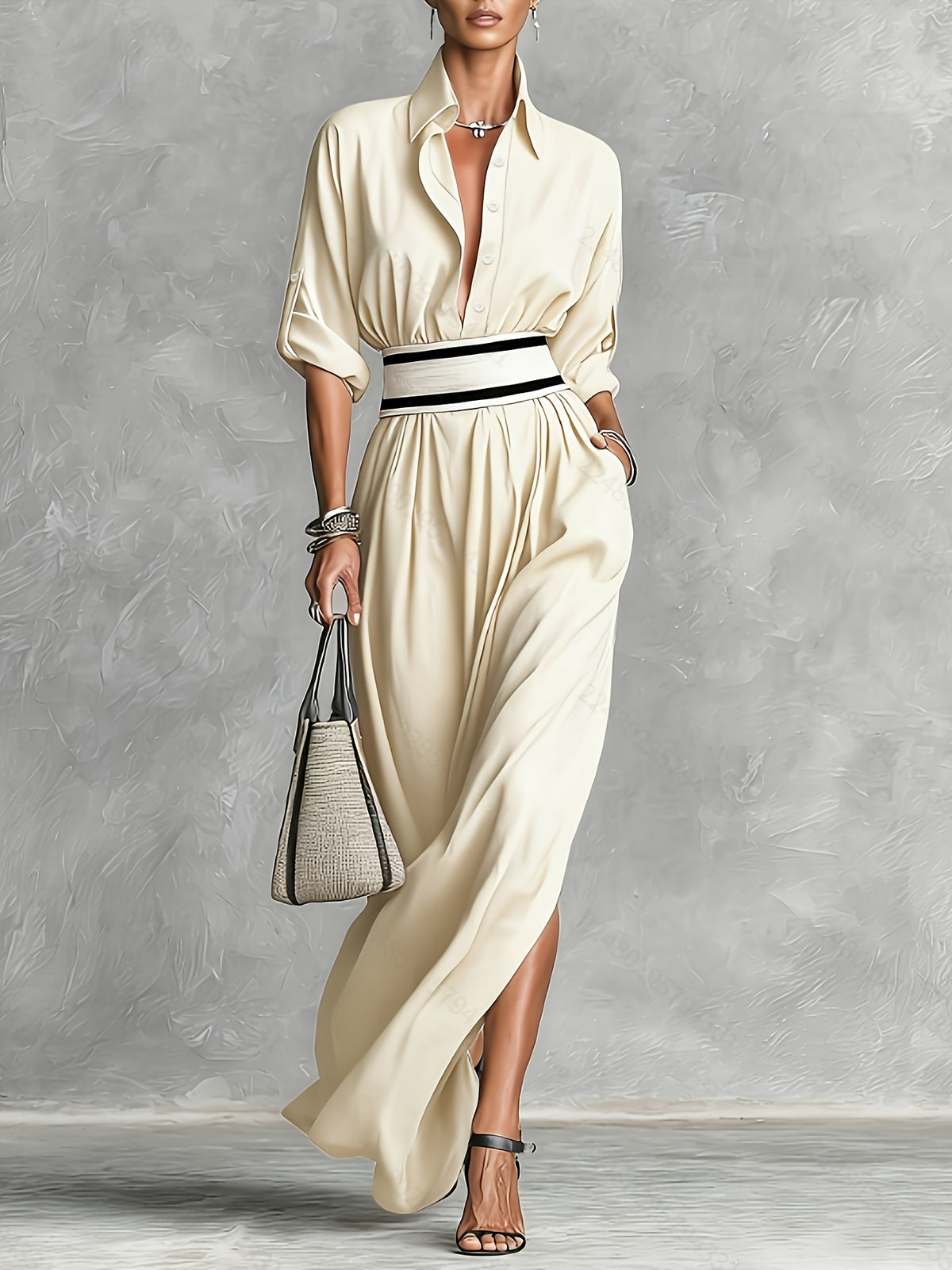 French Retro Lapel Single-Breasted Long-Sleeved Dress, Waist Black And White Striped Belt Design, Draped High Slit Long Skirt, Suitable for Office Daily Business Parties Dating And Other Occasions, Light And Mature Feminine Temperament Outfit