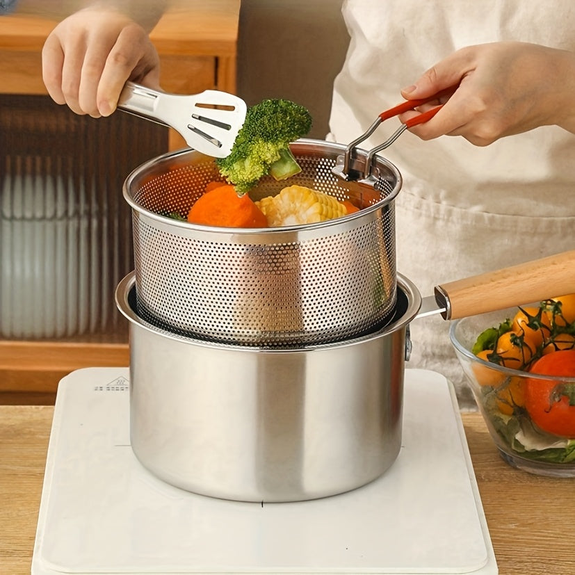 Stainless Steel Multi-Purpose Cookware Set with Frying Basket And Glass Lid - Non-Stick Saucepan, Deep Fryer, Noodle Boiler, Milk Pan, Food Steamer, Suitable for Induction & Gas Stoves
