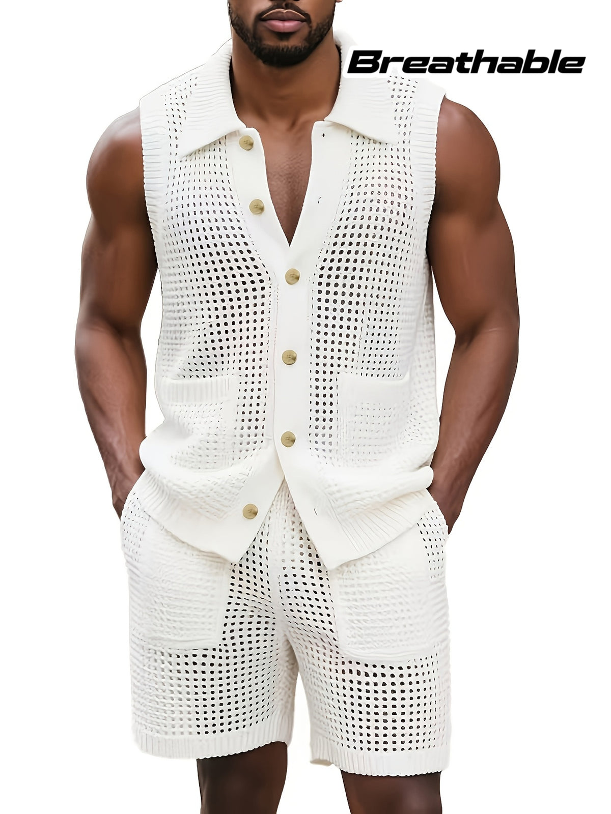 Men'S Casual Suit, 2pcs Lace Knit Set, Breathable, Sleeveless Lapel Cardigan Top with Button Closure, Comfortable Pants with Pockets, Suitable for Summer Wear And Vacation Style, Can Be Worn Separately Or Layered with T-Shirt for Daily Commute