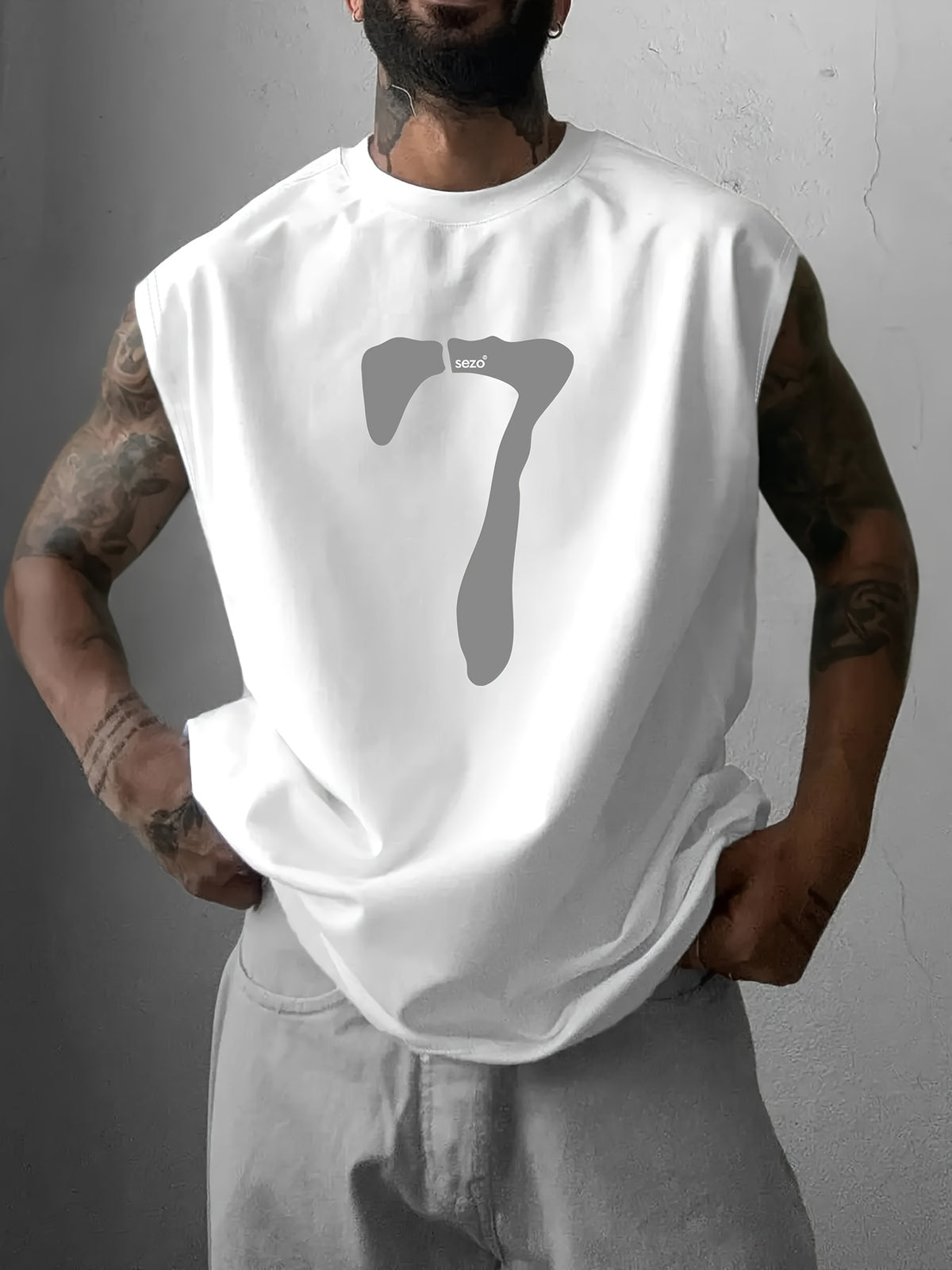 Sleeveless Men'S T-Shirt with a Trendy And Minimalist Design, Featuring a Print Number 7 Pattern, Suitable for Spring And Summer, Vacations, Parties, And Casual Gatherings with Friends