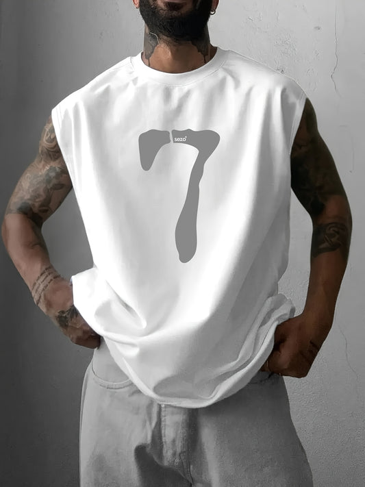 Sleeveless Men'S T-Shirt with a Trendy And Minimalist Design, Featuring a Print Number 7 Pattern, Suitable for Spring And Summer, Vacations, Parties, And Casual Gatherings with Friends