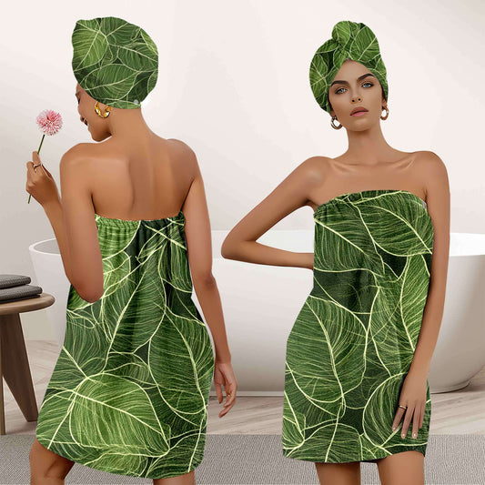 2pcs - Luxury Bath Towel Set, Natural Green Leaf Pattern with Buttons, Wearable Wrap, High Absorbency, Suitable for Home, Travel, Sauna, Spa, Gym, Bathroom, Pool Towels and Home Use Accessories, Wash Cloths