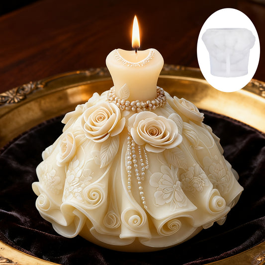 3D Rose Wedding Dress Mold - Reusable Silicone Candle/Resin/Soap/Plaster Molds with Ruffled Train, Layered Petticoat & A-Line Silhouette for DIY Wedding Favors, Anniversary Gifts, Bridal Crafts (Easy Release, Durable)