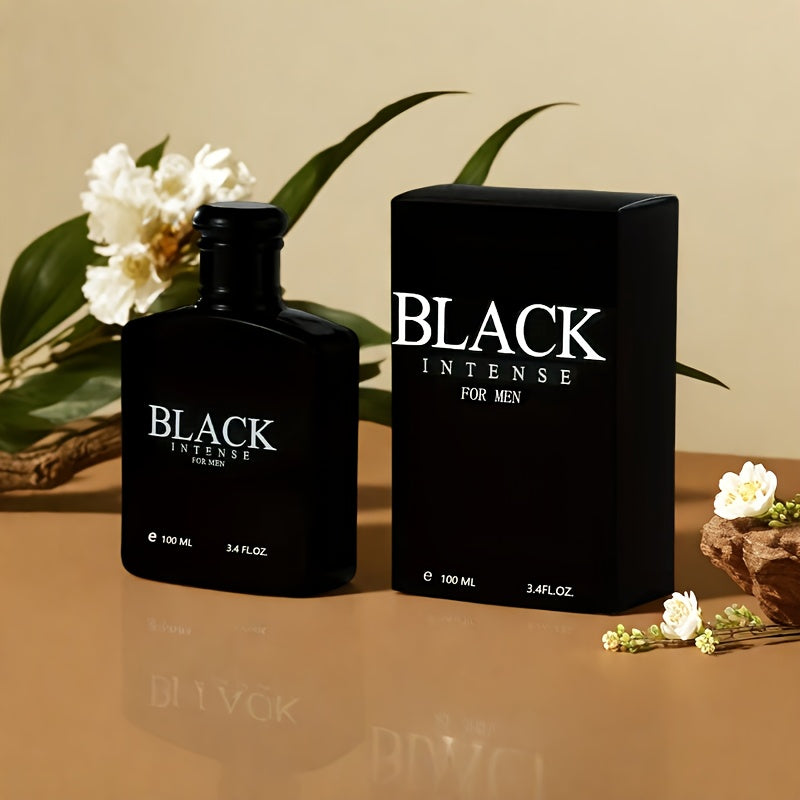 Black Intense Men's Perfume, 3.4oz. (100ml). The bottle is crafted from obsidian-like porcelain, featuring mango and sandalwood notes with long-lasting fragrance, perfect for men to showcase their personal charm.