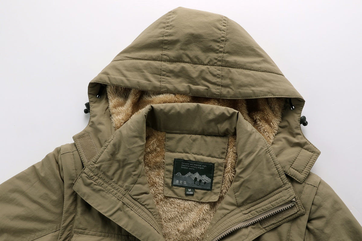 WarmthMax Cargo Jacket for Men - Fleece Lined, Removable Hood, Military Style, Water Resistant, Breathable, and Adjustable Fit for Outdoor Activities