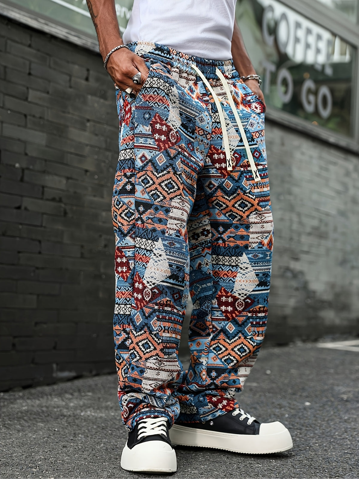 Men's Casual Sports Pants, Ethnic Jacquard Loose Fit Fashion Vintage Style All-Season Straight-Leg Trousers, Holiday Gift, Boyfriend Gift