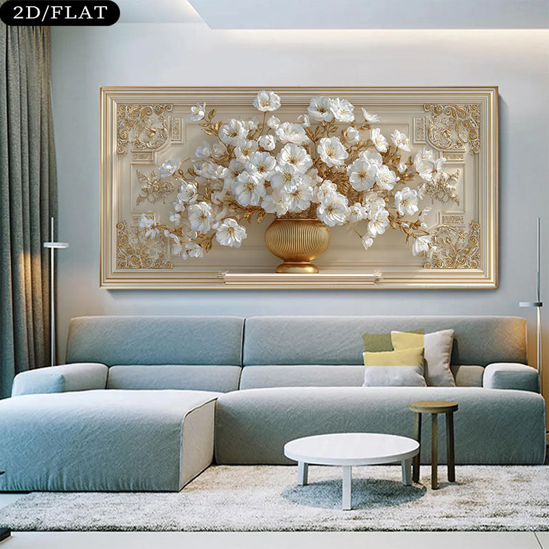 1pc Extra Large Modern Luxury Canvas Wall Art - Elegant White Flower Bouquet in Golden Vase, Frameless Modern Decor for Living Room, Bedroom, Office - Easy To Hang High-quality Print, Large Canvas Wall Art, Bedroom Decoration, Contemporary Design