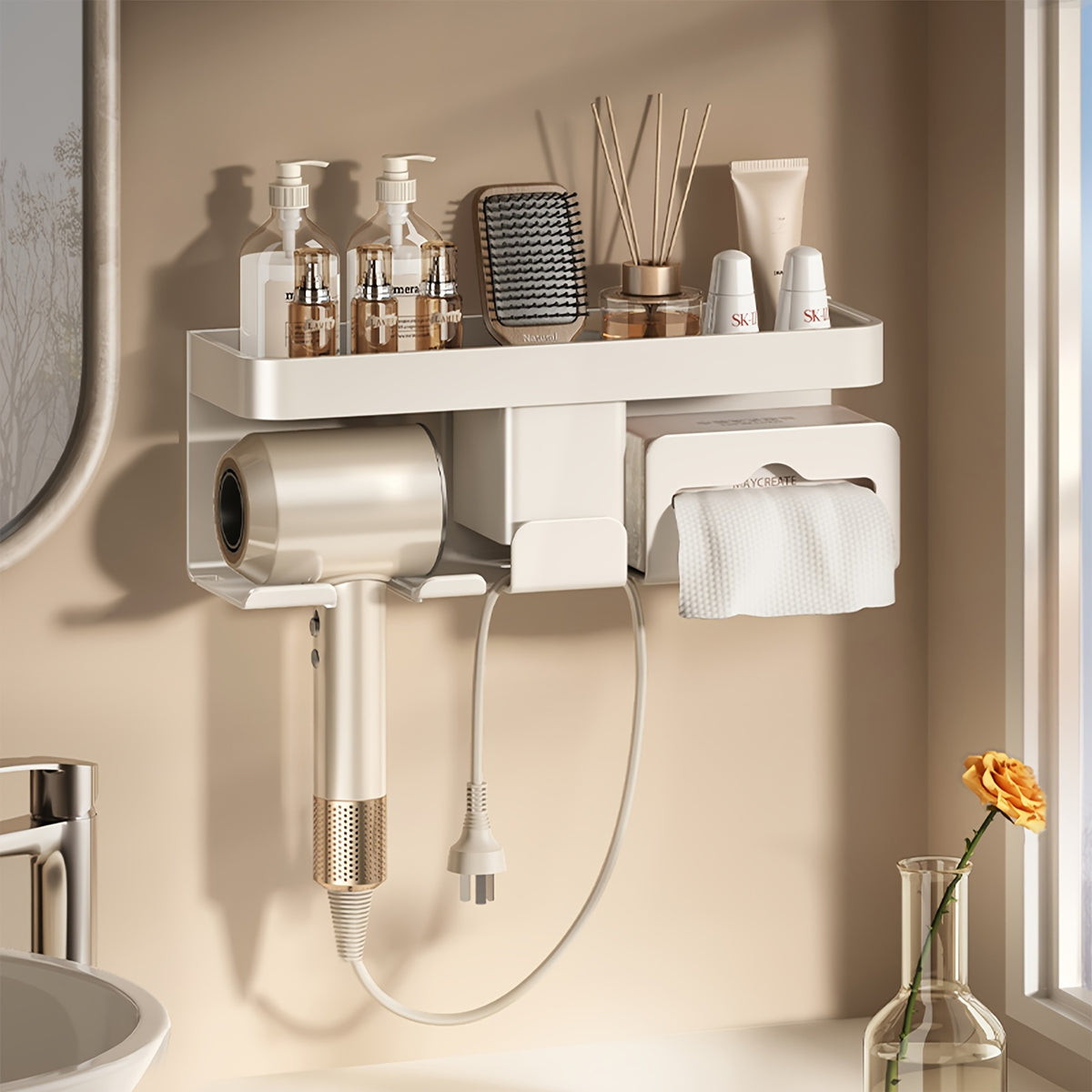 1pc Multifunctional Hair Dryer Holder with Storage Shelf, Wall-Mounted, Space Aluminum, No-Drill Installation, Art Theme, Cream White, for Bathroom Accessory
