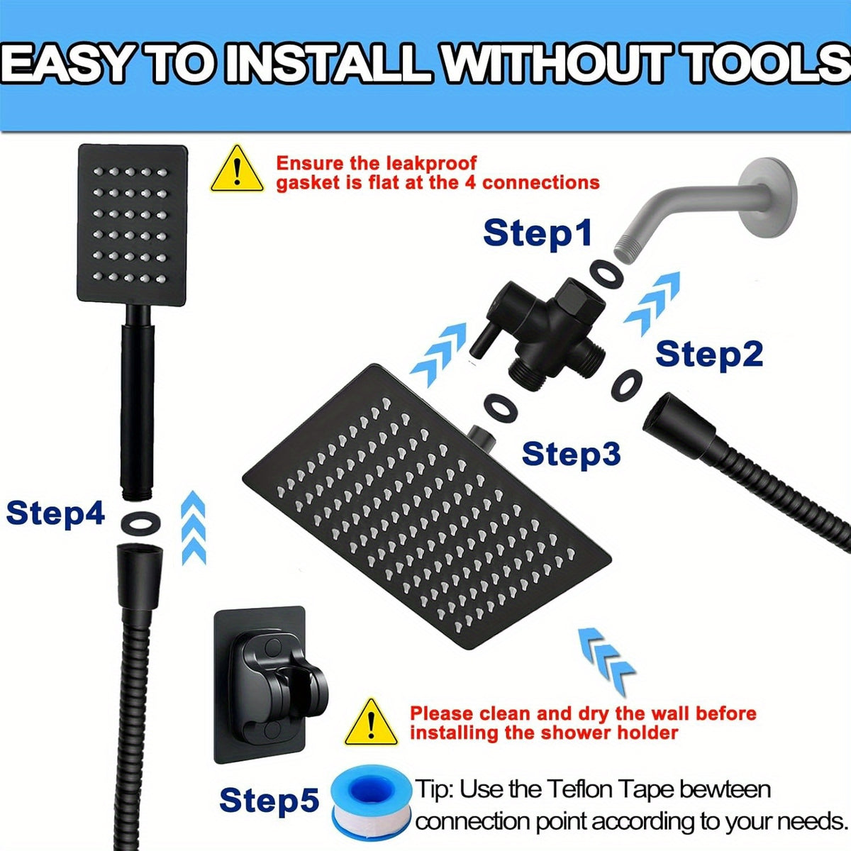 1 set 20.32 cm High Pressure Square Rain Shower Head with Handheld Combo, 3-Way Diverter, Equipped with All Metal Hand Shower, with 149.86cm Extra Long Hose and Adhesive Holder