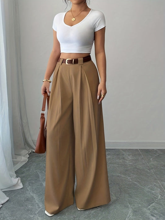 Women'S 2Pcss High-Waist Solid-Color Trousers Set, Elegant Style, Suitable for Daily And Work Occasions, Graduation Ceremony, Retro Music Festival, Horse Racing Competition, Independence Day Celebration, Spring, Summer, Autumn Wear. 2Pcss