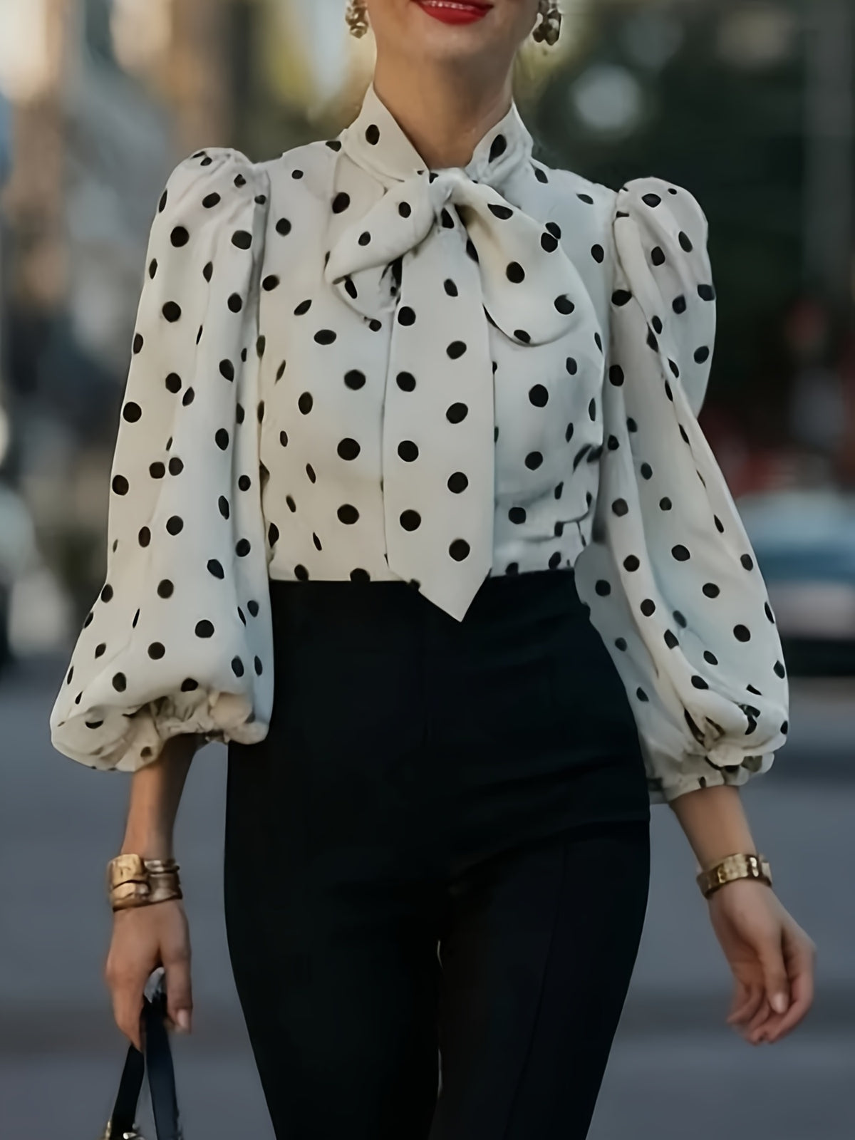 White Polka Dot Shirt with Bow Tie, Tie-Up Blouse, Puff Sleeve Top, Vintage Polka Dot Chiffon Blouse, French-Style Vintage Shirt, Sweet Commuter Top, Gentle Date-Wear Shirt, Hepburn-Style Vintage Top, Socialite-Style Shirt, Large Bow Collar Shirt