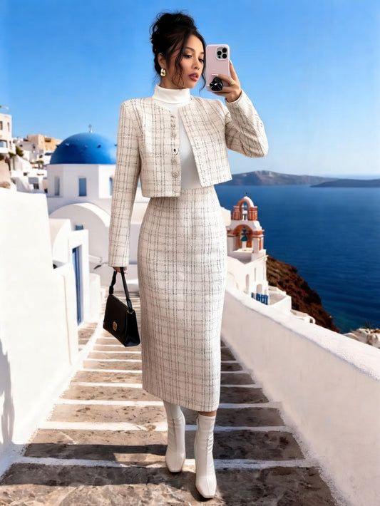 Women'S Autumn Winter Premium Chic Style Suit Vintage Skirt And Jacket Two-Piece Set