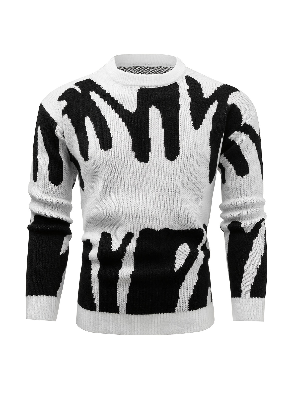Men's Black & White Zebra Stripe Knit Sweater - Oversized Round Neck Long Sleeve Winter Pullover, Black & White Striped Sweater for Men, Casual & Formal Outfits, Relaxed Fit Fall Winter Warm Sweater with Double-Layer Design, Drop Shoulder Sleeves, and Me