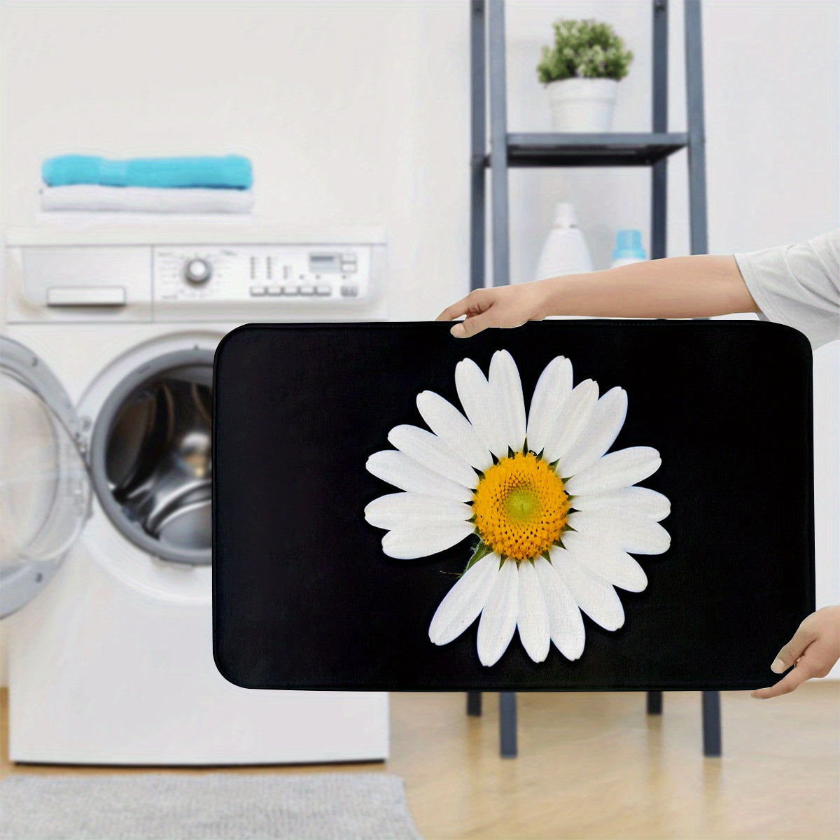 3pcs Black Daisy Print Bath Mat Set, Thickened Non-Slip, Machine Washable, Good Quality, Knit Fabric, Polyester, 600g/㎡, 1.2cm Thickness, Rectangular Floor Mat, Contour Mat and Toilet Seat, with Set Includes Bathroom Decorations, for Valentine'S Day, Wed