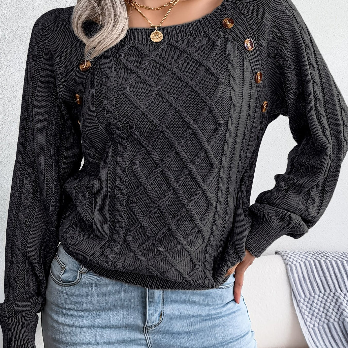 [Texture Lantern Sleeve Sweater] Round Neck Texture Lantern Sleeve Women's Sweater - Button Sweater