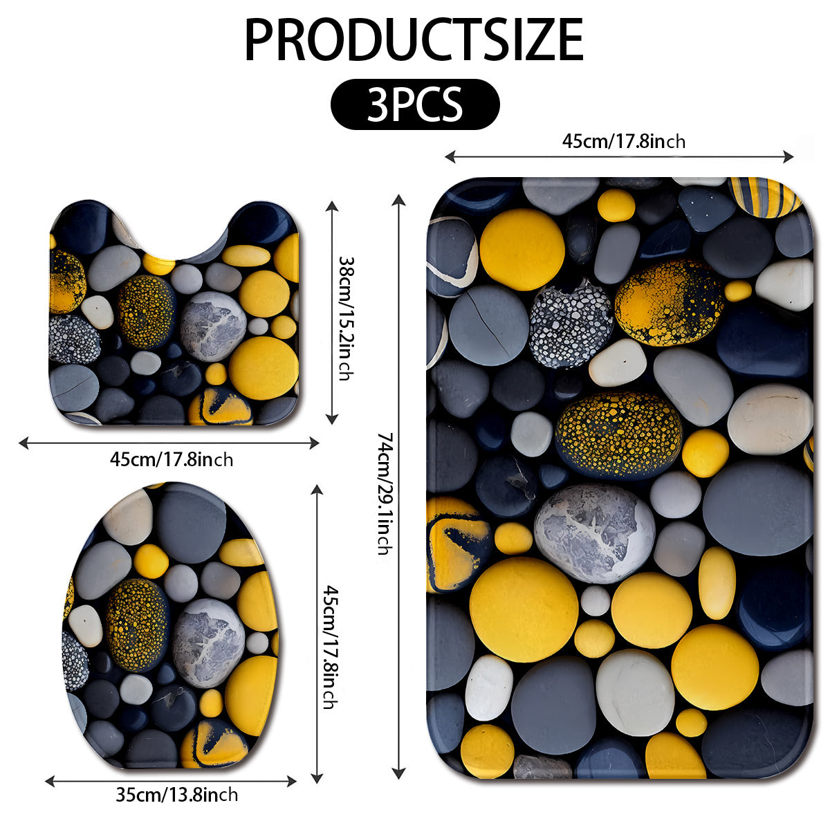 3pcs Pebble Pattern Bathroom Rug Set - Non-Slip, Machine Washable, Woven Polyester Bath Mat with Rubber Backing, Includes Bath Mat, U-Shaped Mat, Toilet Seat Cover, 600gsm, 1.2cm Thick