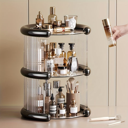3-Tier Clear Cosmetic Organizer with Black Accents - Durable Plastic Freestanding Makeup Storage Rack, Polished Finish for Vanity, Bathroom, or Dressing Table - Includes Lipstick Holder, Perfume & Skincare Organizer, Makeup Organizers Storage, Decorative