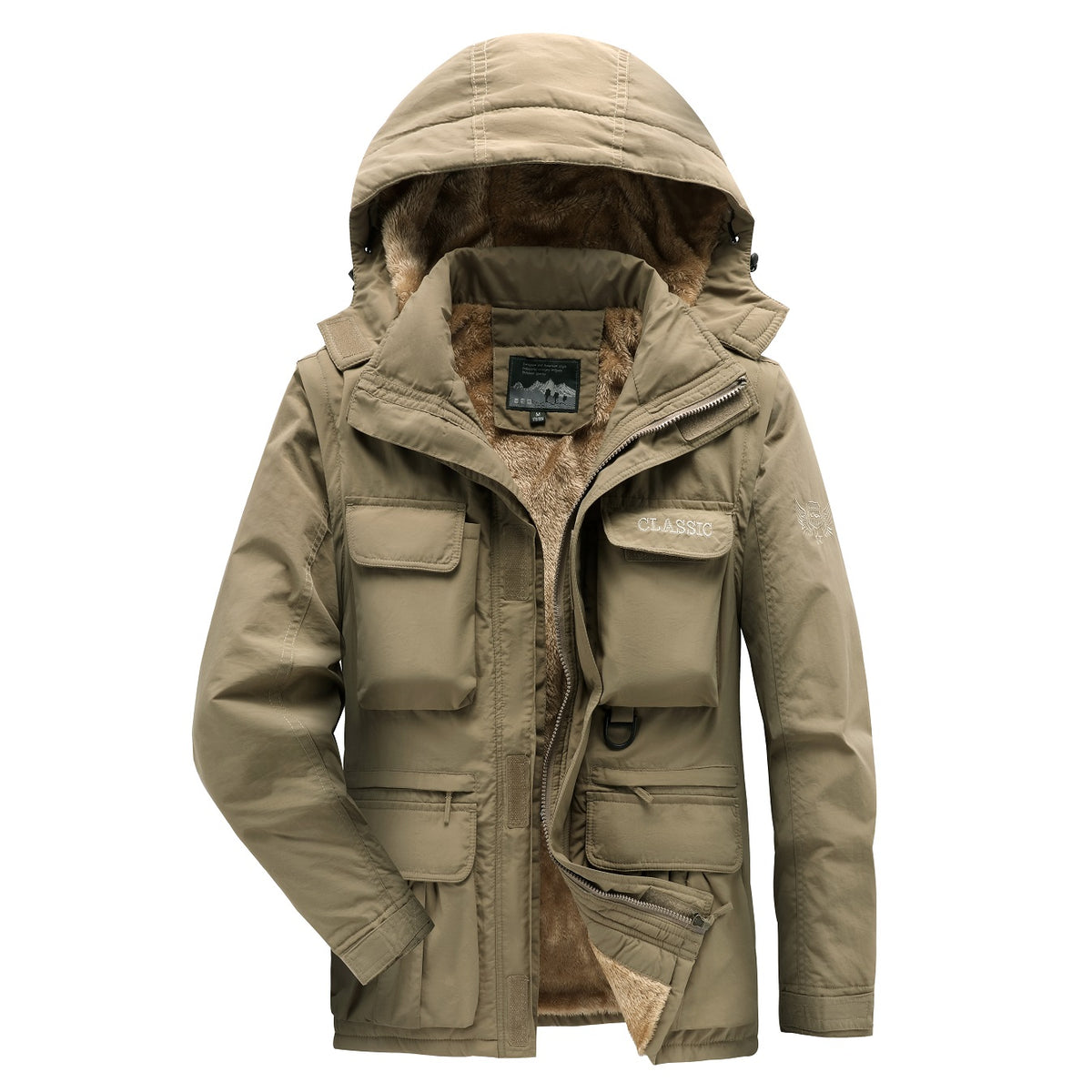 WarmthMax Cargo Jacket for Men - Fleece Lined, Removable Hood, Military Style, Water Resistant, Breathable, and Adjustable Fit for Outdoor Activities