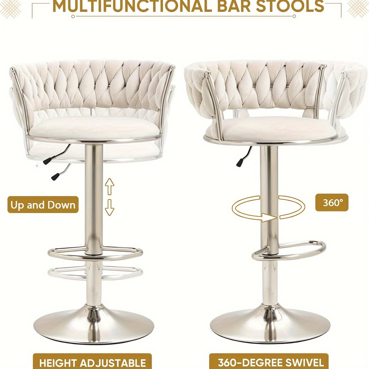 Velvet Swivel Bar Stools, Adjustable Counter Height Bar Stool with Woven Back, Upholstered Kitchen Dining Chairs, Modern Barstools for Kitchen Island, Cafe, Pub, Bar Counter, Bar Stool Set, Bar Chair, Bar Stools Set of 2, Bar Stool Set of 4, Bar Chair Se