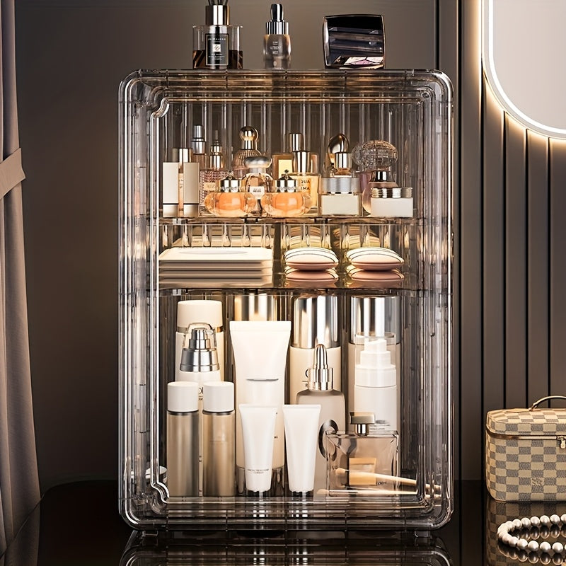 Life Declaration Large Capacity Foldable Cosmetic Storage Box - 4-Layer Divided Bathroom Organizer with Transparent Window, Durable Plastic Countertop Storage Rack, Dust-Proof Skincare & Makeup Organizer for Vanity, Bathroom, or Desktop, Bathroom Storage