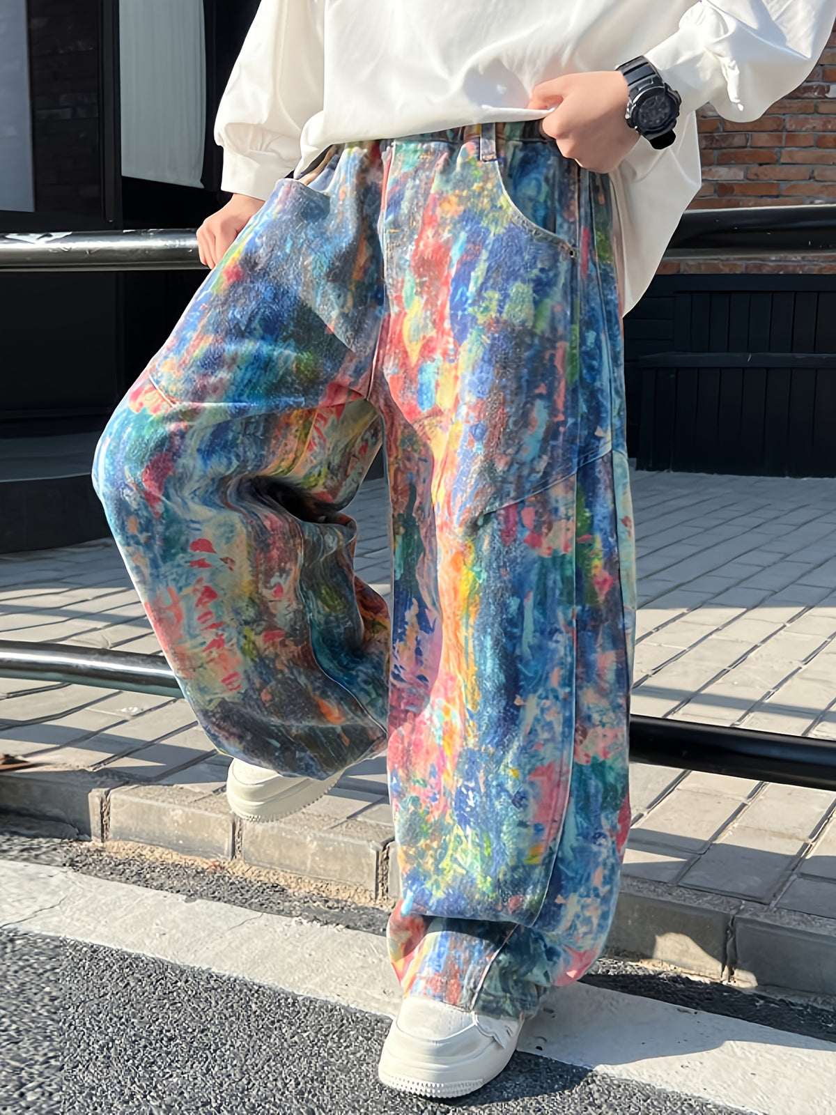 Boys' Streetwear Wide-Leg Pants - Vibrant Tie-Dye Pattern, Elastic Waistband with Drawstring, Pockets, Regular Fit Casual Trousers for Spring/Fall Outdoor Play & Casual Attire, Boy Pants, Spring Fall Attire, Trendy Streetwear, Comfortable Fit, for Outdoo