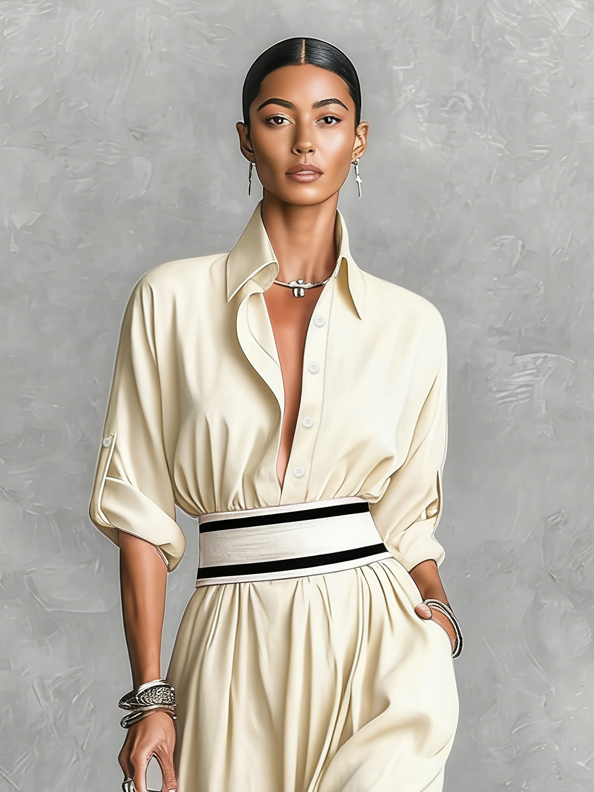 French Retro Lapel Single-Breasted Long-Sleeved Dress, Waist Black And White Striped Belt Design, Draped High Slit Long Skirt, Suitable for Office Daily Business Parties Dating And Other Occasions, Light And Mature Feminine Temperament Outfit