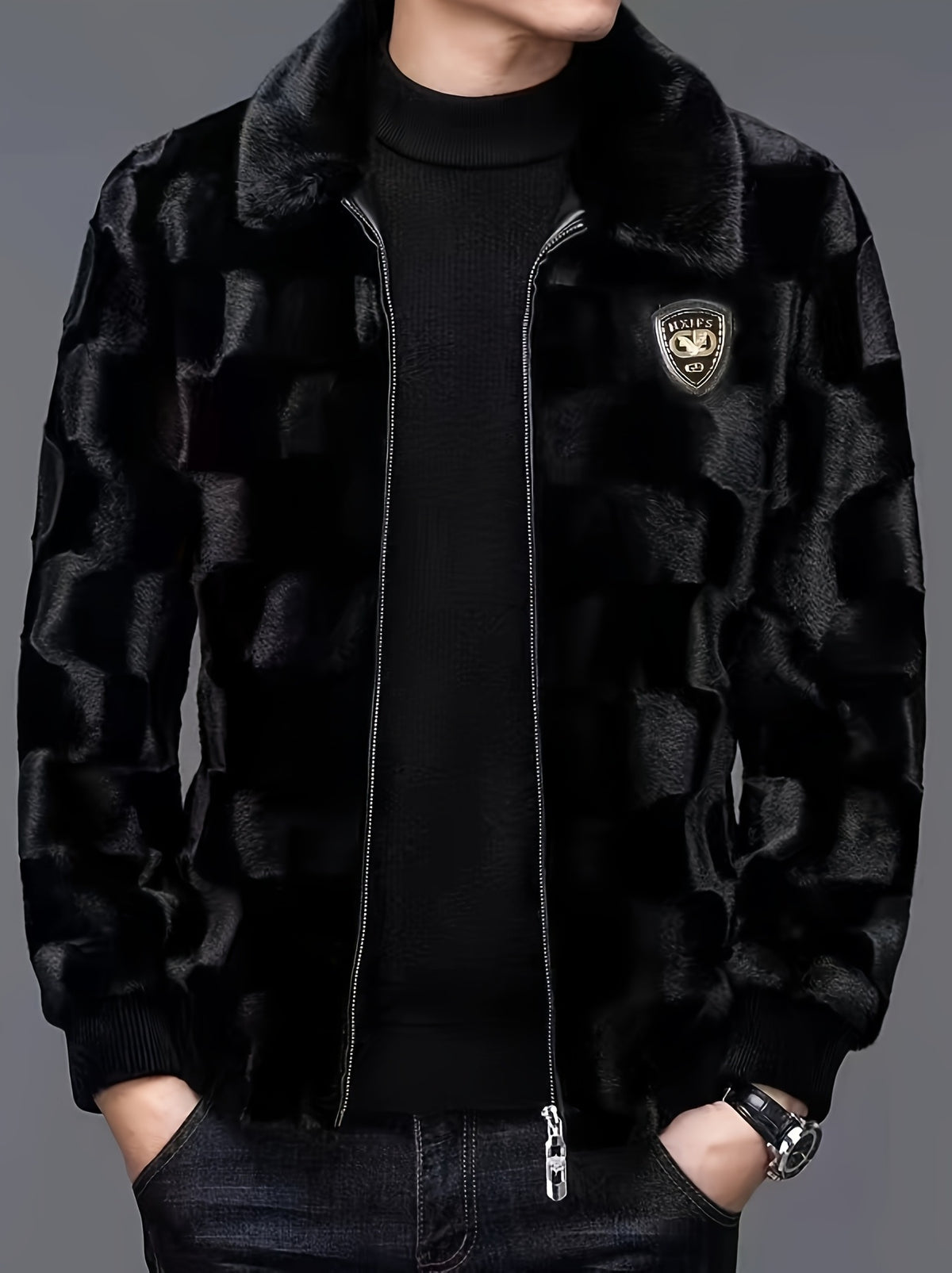 Men's Luxury Faux Mink Jacket - Stylish Lapel, Thick & Warm Winter Coat with Zip Closure