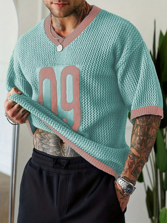 JNBLDA Men's Street Style Contrast Color V-Neck Numeral Print Raglan Knitted Pullover Men Jersey Knit Top Men Men Vacation Men Knit Tops Men Jersey