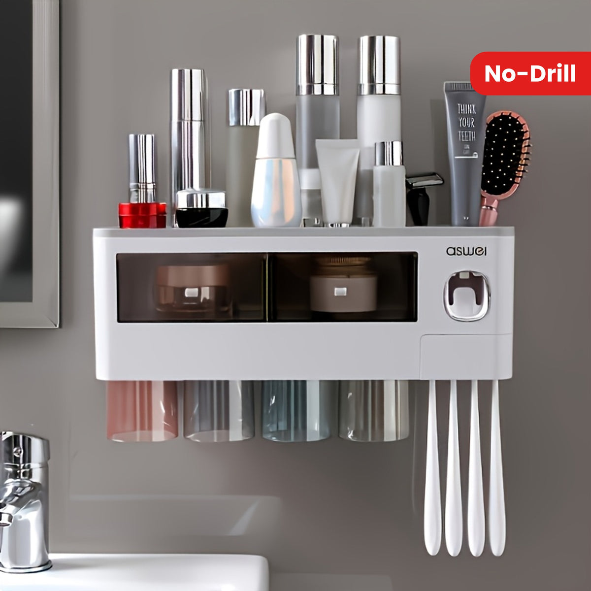 1pc Wall-Mounted Toothbrush Holder Set with Toothpaste Squeezer, Rack, Mouthwash Cup, and Brushing Cup - No-Drill Bathroom Organizer, Large Capacity, Plastic Material, Toothbrush Stand, Bathroom Storage Box